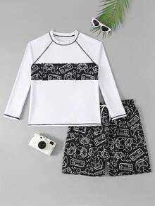 Teen Boys Swimsuit Set White Game Console Positioned Printed Long Sleeve Rash Guard With Beach Pants,Summer Streetwear Holiday Casual Bathing Suit - Black and White - View 4