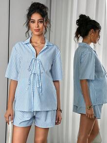 SHEIN 两件套条纹舒适系带孕妇装 - 彩色 - 查看 1