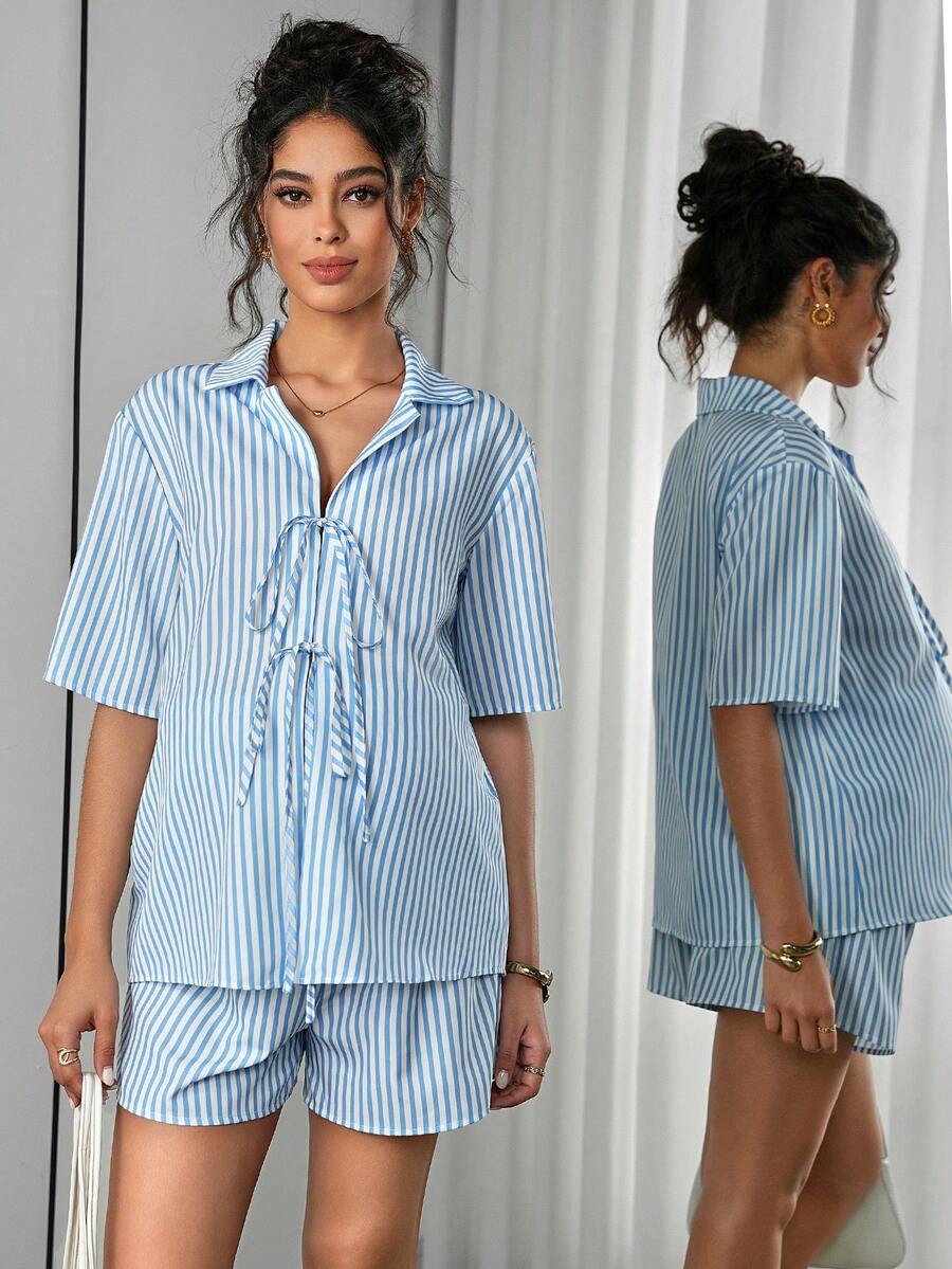 SHEIN 两件套条纹舒适系带孕妇装 - 彩色 - 查看 1