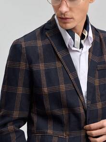 Officeau 1pc New Casual Men's Black And White Plaid Blazer, Suitable For Spring And Autumn Everyday Wear - Navy Blue - View 8