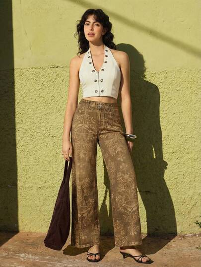 Felipe Marques سراويل جينز طويلة مطبوعة بالزهور للنساء، ملابس كاجوال للاستخدام في فصول الخريف والشتاء والربيع