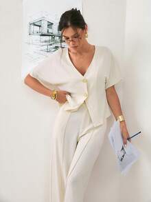 2pcs/Set V-Neck Short Sleeve Cardigan And Wide Leg Pants, Casual Pant Suit Summer Sets White Pants Suit - Apricot - View 4