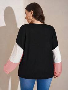 SHEIN LUNE Plus Size Casual Contrast Color Round Neck Lantern Sleeve Sweatshirt, Autumn Plus Size Fall Clothes - Pink - View 2