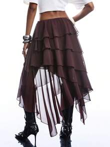 LYSMO 女士时尚不对称下摆荷叶边半身裙 - 咖啡棕 - 查看 2