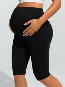SHEIN Maternity Solid Color Casual Pocket Leggings, Comfortable & Stretchy,Word Cup - Black - View 4