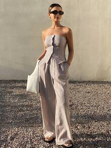 Livesso 春夏宽松度假休闲纹理深色底细条纹短款开衫和直筒裤两件套女装 - 棕色 - 查看 3