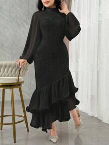 Feyla 女士纯色简约高领长袖中长连衣裙，休闲日常穿着 - 黑色 - 查看 4