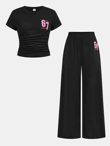 Tween Girls Fashion Casual Street 67 Graphic Print T-Shirt & Leggings 2 Pieces Set, Versatile For Daily Wear - Black - View 6