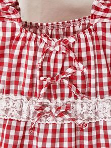 SHEIN Tween Girls Red And White Plaid Summer Modest Party Vest,Classic Checkered Woven Pullover With 3D Bows And White Lace Trim,Vacation Style Top - Red - View 4