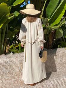 Livesso Đầm midi phối ren, thắt eo, thích hợp cho nữ, kiểu dáng mùa xuân/nghỉ mát. - Màu be - Xem 2