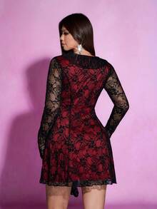 Viva Relle Valentine Plus Size V-Neck Long Sleeve Sheer Elegant Waist Dress - Burgundy - View 6