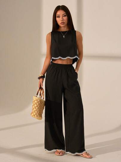 SHEIN PETITE Women's Fashion Vacation Casual Contrasting Color Lace Trim Camisole Top & Pants 2 Pieces Set,All-Season, Black Set Women, Sleeveless Top And Pants 2 Pieces Set, Fall Women Clothes,Business Casual Woman,Wide Leg Pants Woman 2 Pieces Set,Lace Wave Edge Shirt Summer