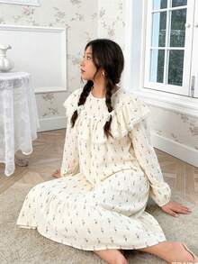 宽松休闲圆领荷叶边蕾丝装饰荷叶边下摆连衣裙家居服，适合青少年女孩 - 黃色 - 查看 5
