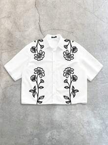 StoneGrade 黑色花卉线条艺术印花休闲宽松短袖衬衫，约会、派对时尚必备单品，适合作为送给男友的礼物