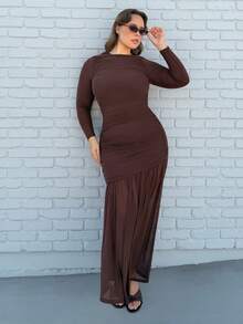 Nezia Cruz Robe élégante pour grandes tailles, robe portefeuille d'automne, robe élégante pour femmes, robe longue, robe marron, robe café, robe à manches longues, robe de rendez-vous - Marron - Voir 6