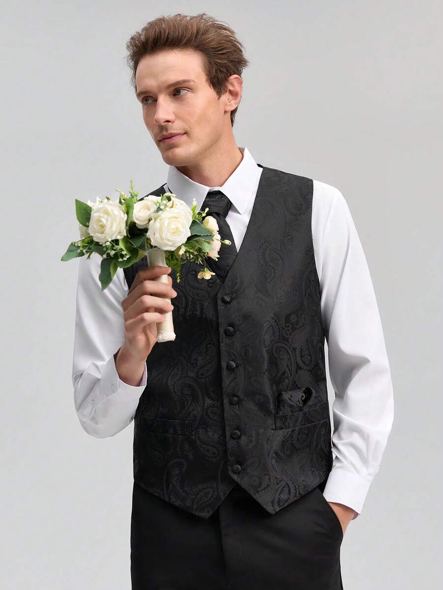 Officeau Men Waistcoat Black Paisley Vest Tie Handkerchief Cufflinks Set Wedding Formal Casual