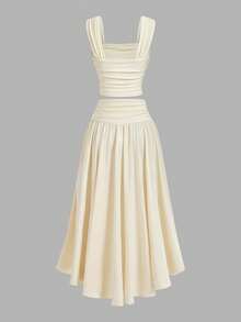 SHEIN MOD Elegant Cream-Colored Camisole And Asymmetric Hem Outfit, Women Summer Set,Valentine's Day,Carnival Costumes ,Holiday Outfits For Women,Beach Set,Date,Garden, Afternoon Tea - Apricot - View 7