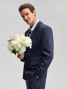 Officeau 男士两件套西装，条纹双排扣西装外套和西裤，正式商务、婚礼、派对、宴会等场合，春夏皆宜 - 藏蓝色 - 查看 7