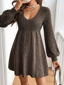 SHEIN Frenchy 女士V领长袖腰带休闲针织连衣裙 - 咖啡棕 - 查看 5