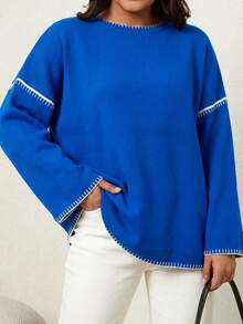 Plus Size Round Neck Casual Contrast Trim Drop Shoulder Sweater - Royal Blue - View 1