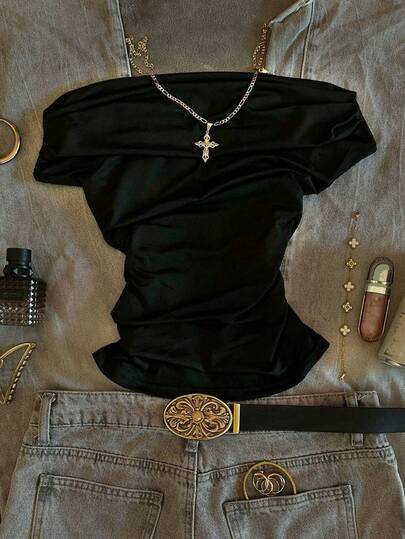 Glimmora 女士休闲露肩褶皱修身纯黑色T恤，适合日常通勤和夏季穿着