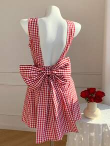 Comfortcana 女士格子蝴蝶结装饰迷你连衣裙