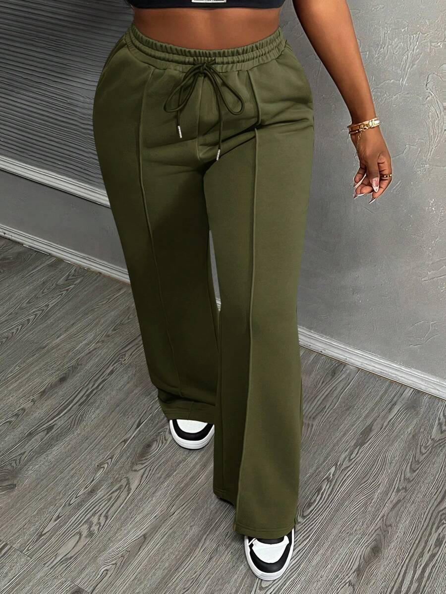 Slaydiva Pantalones de chándal casuales de mujer con cintura con cordón y costura frontal de unicolor
