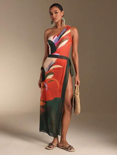 Swim Oasis Nuevo conjunto de 2 piezas de traje de baño con un hombro, espalda descubierta, con lazo en la cintura y falda larga, elegante para vacaciones en la playa