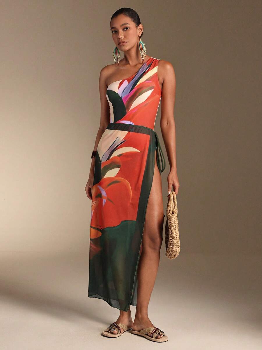 Swim Oasis 新款印花单肩露背泳衣，腰部系带，搭配长裙两件套，优雅沙滩度假装 - 彩色 - 查看 1