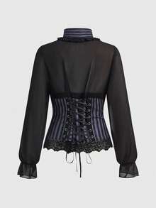 ROMWE Women's Gothic Chiffon Semi-Sheer Striped Bow Blouse - Black - View 2