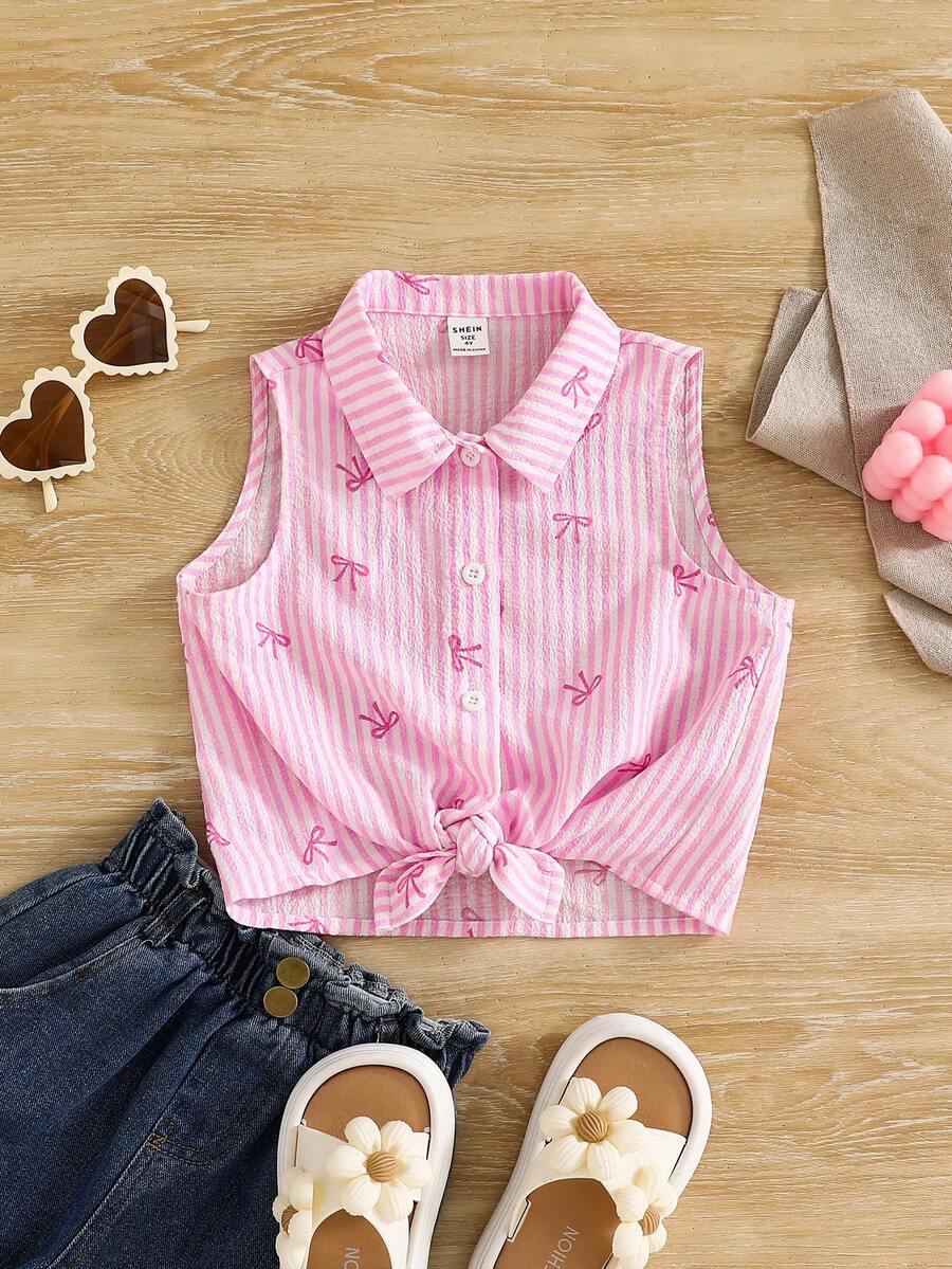 SHEIN 女童条纹蝴蝶结图案休闲衬衫 - 粉色 - 查看 1