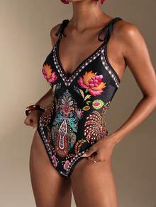 SHEIN Veneréa 夏季度假性感印花V领系带连体泳衣（女款） - 彩色 - 查看 4