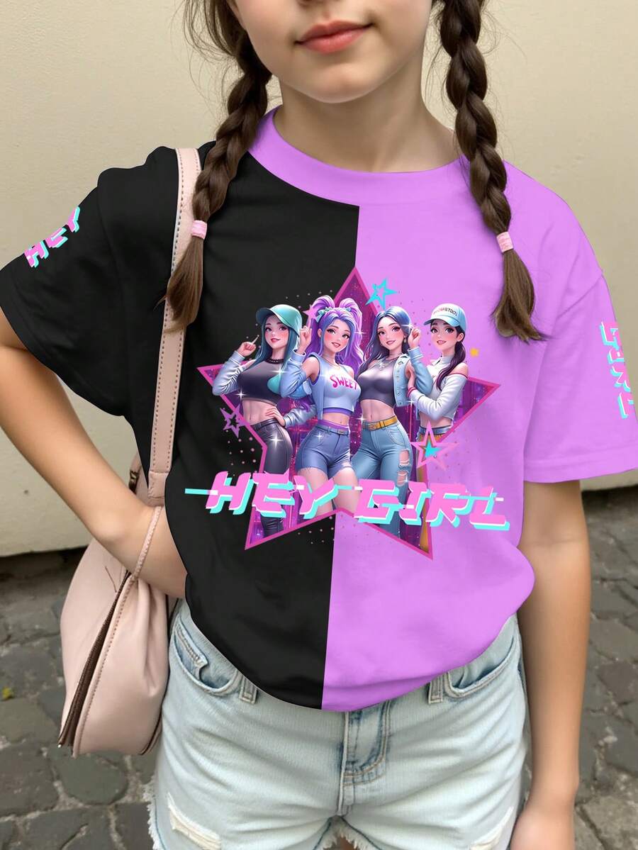 Tween Girl Casual K-POP Girl Pattern "HEY GIRL" Letter & Pentagram Print Colorblock Short Sleeve Round Neck T-Shirt, Fashionable K-POP Girl Group For Summer - Multicolor - View 1