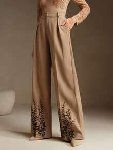 Anewsta Petite Women's Khaki Office Pants With Embroidered Hem, Suitable For New Year - Khaki - View 5