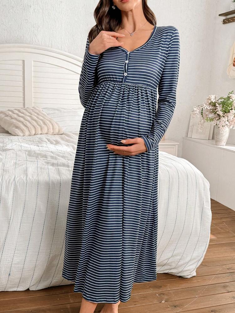 Moonlight&Mama Gestreiftes Knopf-V-Ausschnitt Langarm Lässig Umstandskleid/Nachthemd - marineblau - Übersicht 6