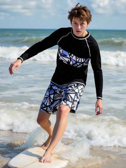 Teen Boys Swimsuit Set Multi Color Long Sleeved Top With Geometric Pattern Printing And Geometric Pattern Beach Pants Two Piece Set Suitable For Vacation, Summer Beach, Seaside Pool, Swimming Pool, Summer Party Leisure Swimsuit Two Piece Set Teen Rash Guard Set Long Sleeve Teen Bathing Suit Swimsuit Long Sleeve And Shorts Set For Youth