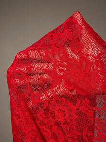 Truni Plus Size Women's Sexy Red Lace Sheer Long Sleeve Bodysuit, Suitable For Dates And Parties, For Pear & Triangle Body Shape Valentine's Day Outfit - Red - View 10
