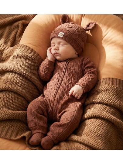 Loomiva Conjunto de 2 piezas para recién nacida: Pelele de manga larga con cuello redondo y estampado jacquard suave tejido y gorro