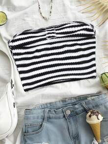 INAWLY Women's Striped Spaghetti Strap Top, Sleeveless Cropped Camisole For Beach & Holiday - Black and White - View 2