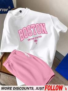 Manfinity Hypemode 2 Stücke Herren Standard Größe Lässig einfaches Buchstaben-Muster weiß Kurzarm T-Shirt und rosa gewebte Shorts Set, Herren Sommer Outfit - Verschiedenfarbig - Übersicht 8