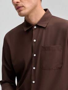 Officeau Men's Long Sleeve Formal Shirt, Solid Brown Color, Button Design, Suitable For Weddings, Office, Formal Occasions, Parties, Showcasing Gentlemanly Style, An Ideal Gift For Father Or Boyfriend. Also Available In Simple White And Black Shirts. Spring To Summer - Chocolate Brown - View 6