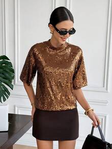 SHEIN Frenchy ملابس علوية أنيقة للنساء بلون أحادي مرقّع بالترتر والعقدة، ملابس علوية فرنسية رجعية بفيونكة من الترتر، أكمام فوانيس ذهبية بنية، ملابس نسائية فاخرة لامعة للحفلات، ملابس علوية مرصعة بالترتر، ملابس علوية لامعة، للصيف والعطلات والمناسبات الأنيقة، بلوزات للوصيفات، ملابس علوية للحفلات - بني - مشاهدة 6