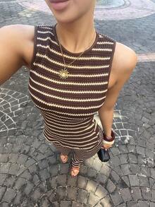 Siren Gaze 2pcs/Set Women Striped Tank Top And Casual Pants, Brown, Suitable For Daily Wear And Vacation - Brown - View 1