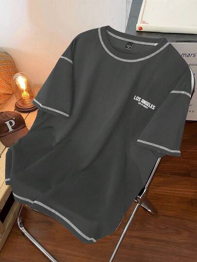 Claim Dot 男士休闲纯色洛杉矶英文字母印花撞色缝线略宽松圆领T恤