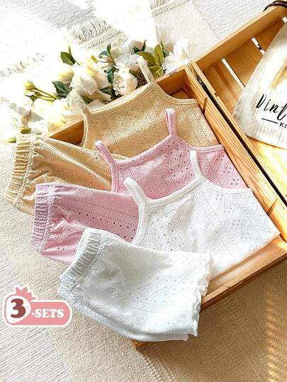 SHEIN Vintaside Kids 女婴舒适百搭甜美可爱吊带背心短裤套装，多件套，夏季
