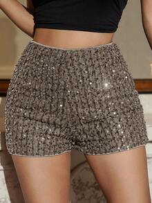 DAZY Celana Pendek Wanita Polos Pinggang Tinggi Berpayet Model Skinny untuk Karnaval - Grey - View 2