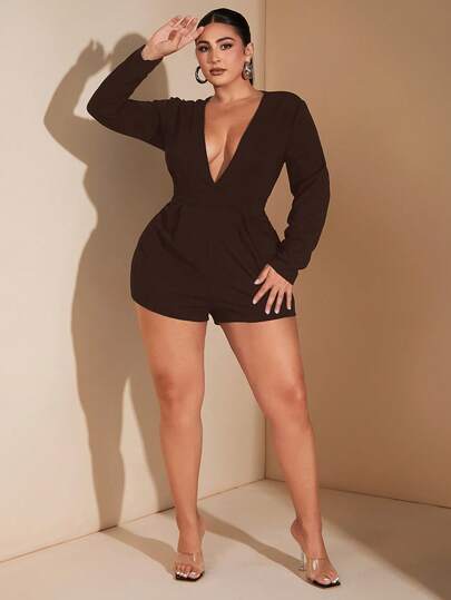 SHEIN BAE Plus Size Women's Solid Black V-Neck Long Sleeve Skinny Jumpsuit, Elegant For Autumn/Winter, Suitable For Romantic Dates, Formal Occasions, Parties, Daily Commute, And Nightout