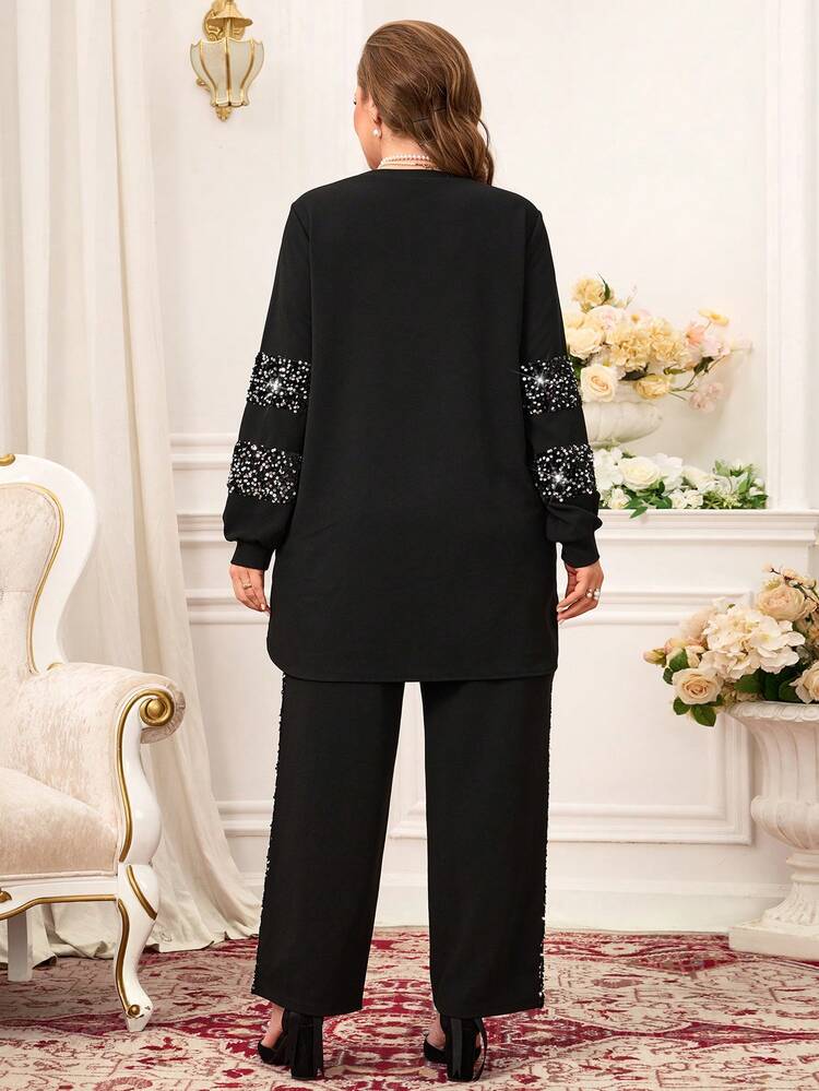 Plus Size Elegant Commuter Sequin Patchwork Top And Pants 2 Pieces Set