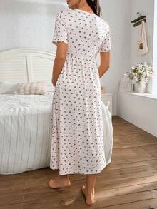 SHEIN Romantic Ditsy Floral Knit Short Sleeve V-Neck Button-Down Maternity Nightgown Maxi Dress - Multicolor - View 2