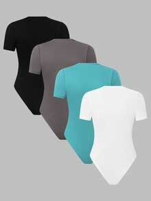 GlowEve Casual Women's 4-Pack Knitted Fabric Crew Neck Tee Bodysuit Plain Print Short Sleeve Semi-Sheer Multicolor - Multicolor - View 2